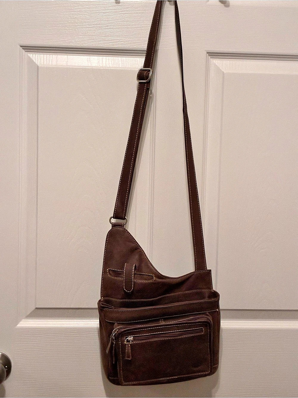 Asymmetrical Leather Crossbody Bag Distressed Brown with Phone Pocket